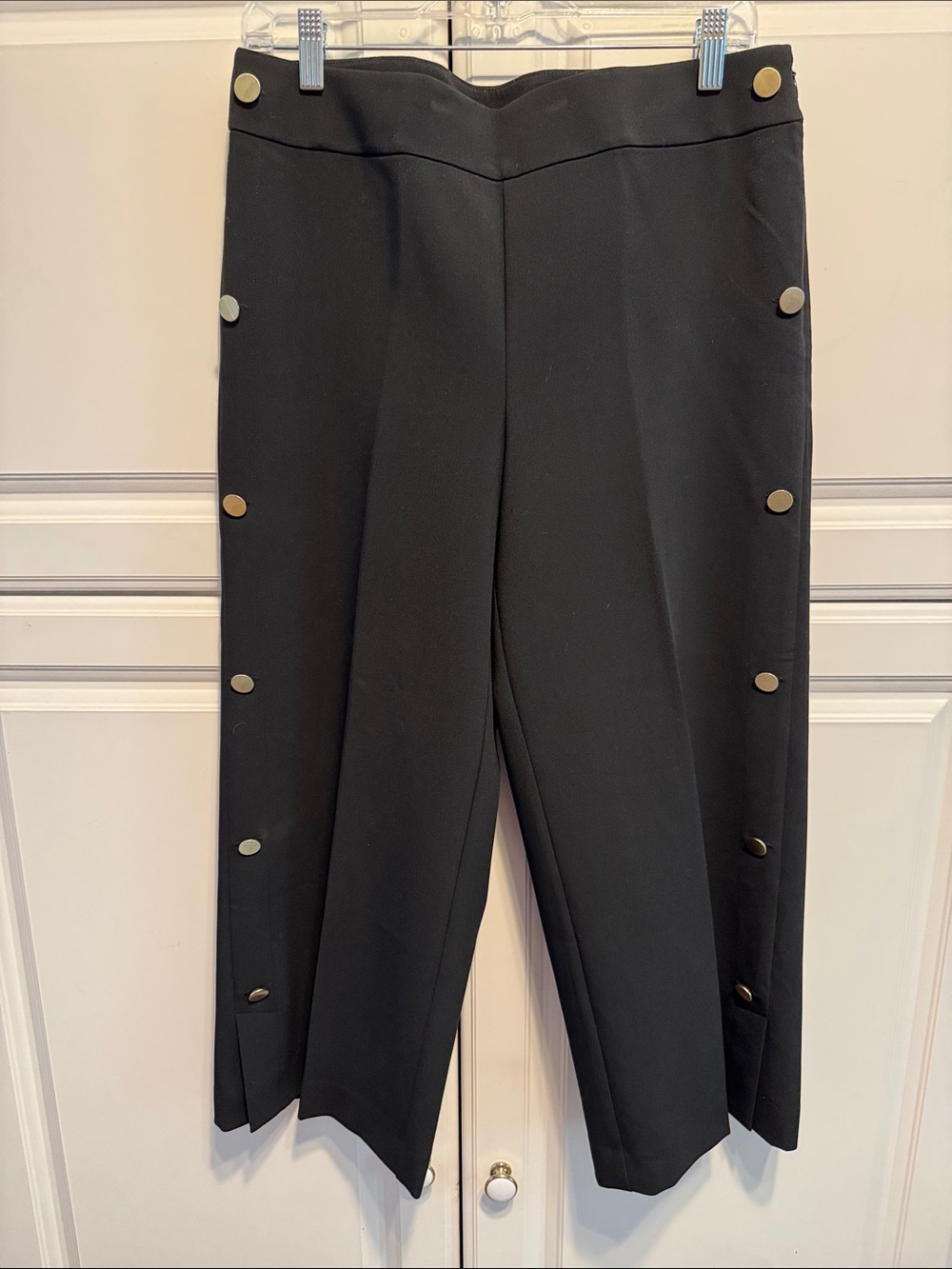 LOFT Black Wide-Leg Mid-Calf Pants with Gold Button Trim
